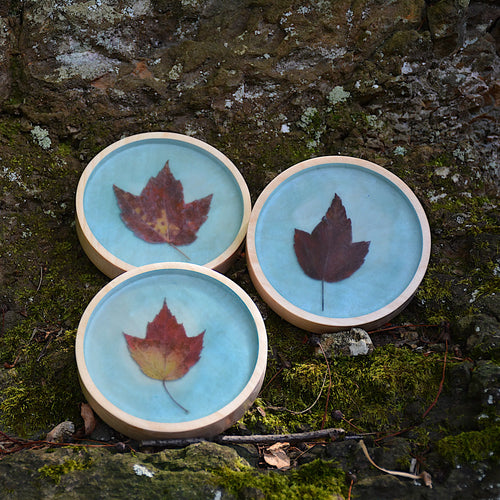 wooden coaster with leaf in epoxy
