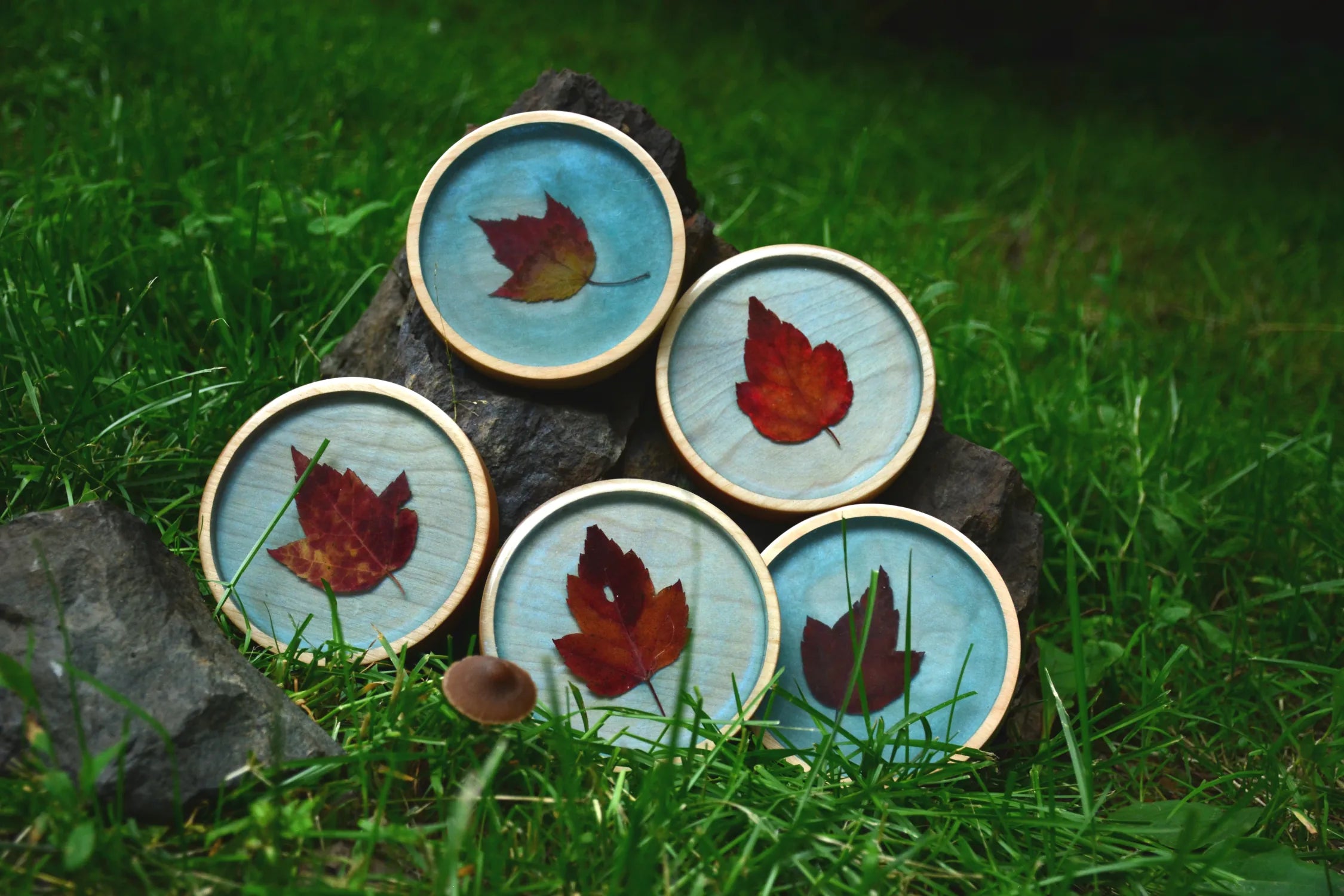 wooden coaster with leaf in epoxy